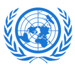 Símbolo da ONU com o mapa-múndi visto de cima cercado por dois ramos de oliveira.