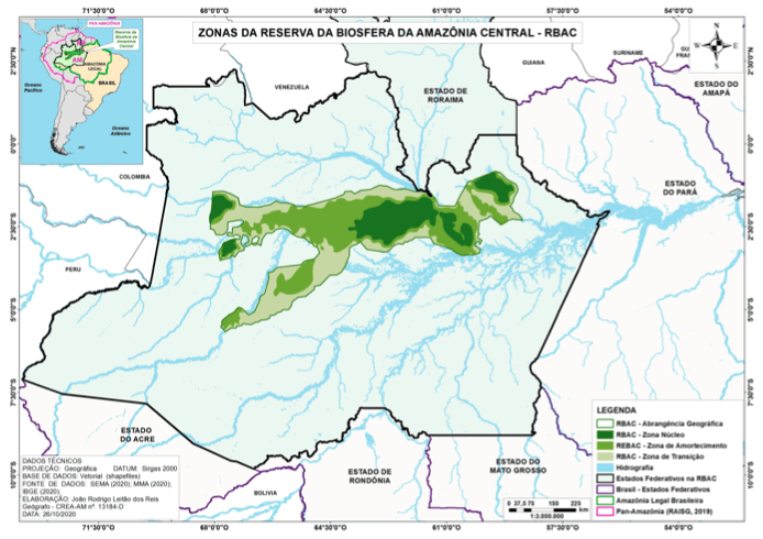 A localização das zonas da Reserva da Biosfera da Amazônia Central