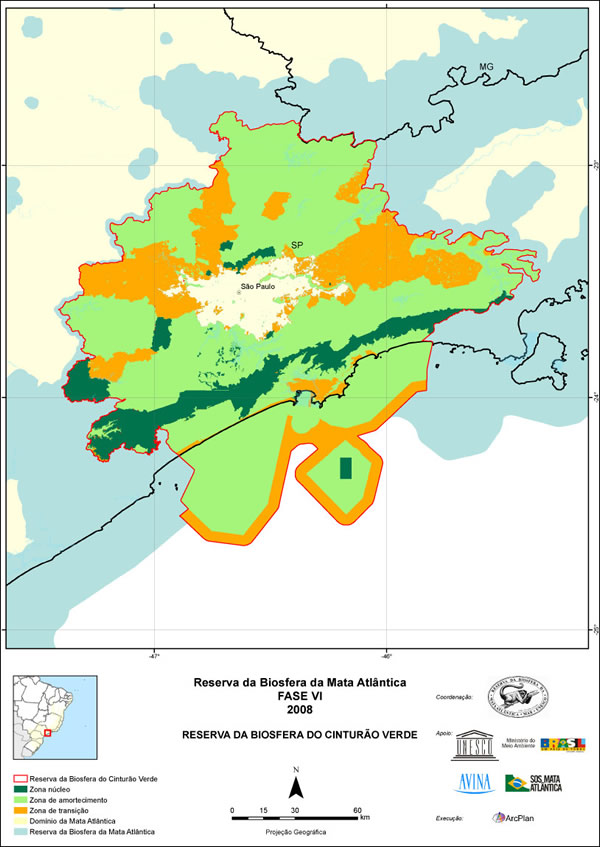 Localização das zonas da Reserva da Biosfera do Cinturão Verde da Cidade de São Paulo