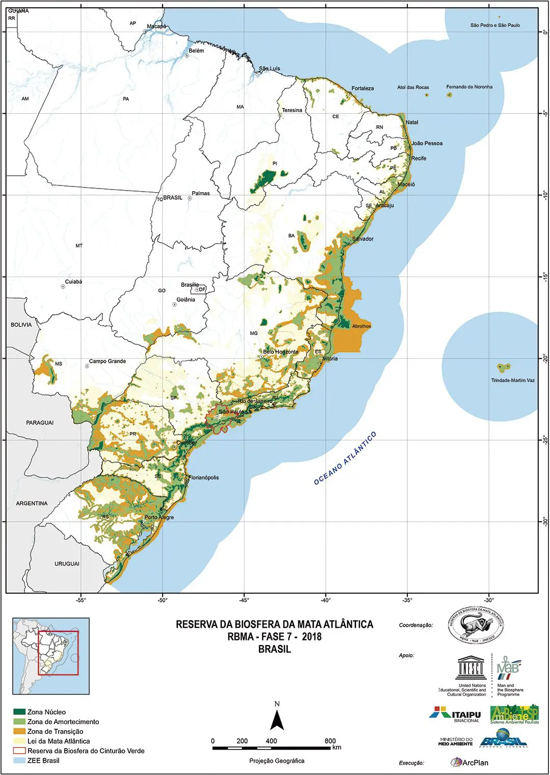 Localização da Reserva da Biosfera da Mata Atlântica em todo o Brasil