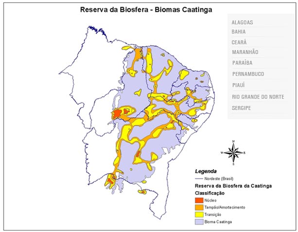 Os limites das zonas da Reserva da Biosfera da Caatinga