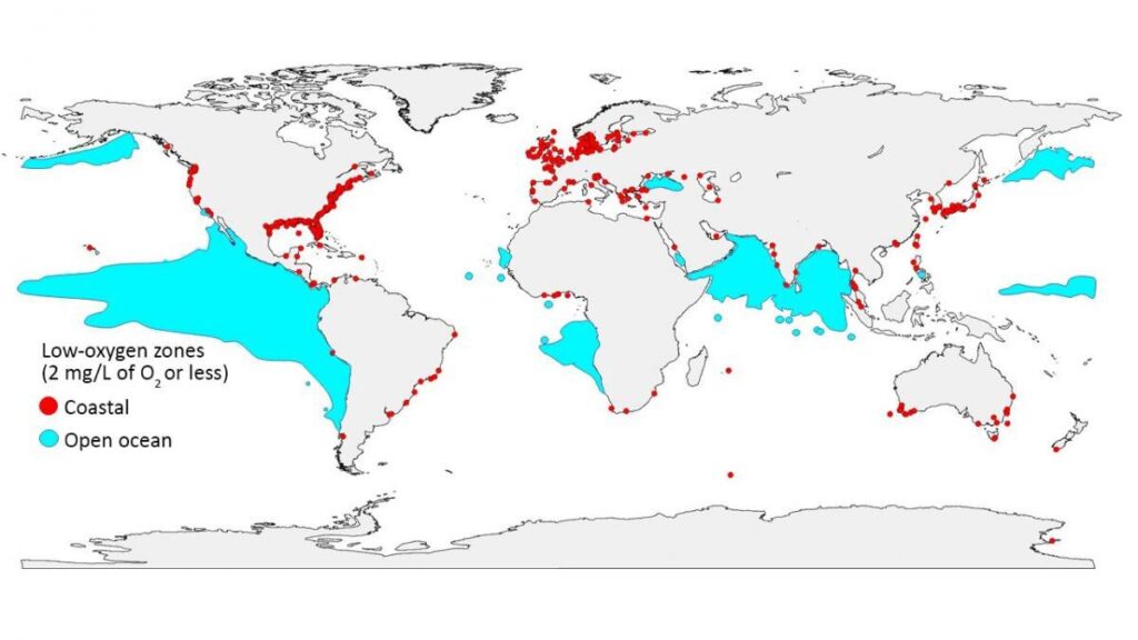 Localização das zonas mortas nos oceanos