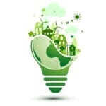 Lâmpada ilustrada contendo ícones de desenvolvimento sustentável, como energia solar, energia eólica, reciclagem e preservação ambiental.