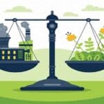 Uma balança mostra a necessidade de um equilibro entre economia da eficiência e suficiência