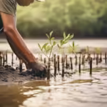 Um homem à margem de um rio plantando uma muda de árvore para a Conservação e restauração dos ecossistemas