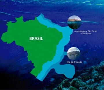 Uma mapa pintado em duas cores representam a amazônia verde e a Amazônia Azul que circunda toda a costa brasileira