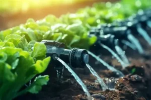 Vários tubos distribuindo água no solo com irrigação eficiente