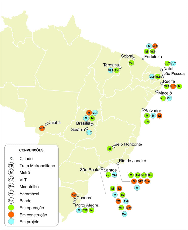 Mapa do sistema ferroviário atual no Brasil