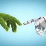 Imagem de duas mãos tocando as pontas dos dedos indicadores, sendo uma mão robótica e outra humana representando O que são tecnologias verdes?