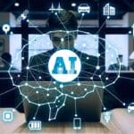 Imagem com pessoa ao fundo e um desenho computadorizado ao centro com os dizeres IA, representando a Vigilância ambiental com inteligência artificial (IA)