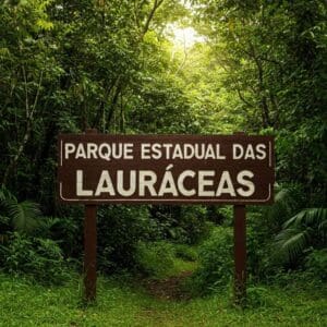 Parque Estadual das Lauráceas, placa de madeira gravada com o nome do parque.