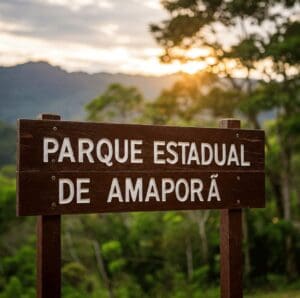 Parque Estadual de Amaporã, placa em madeira gravada com o nome do parque.