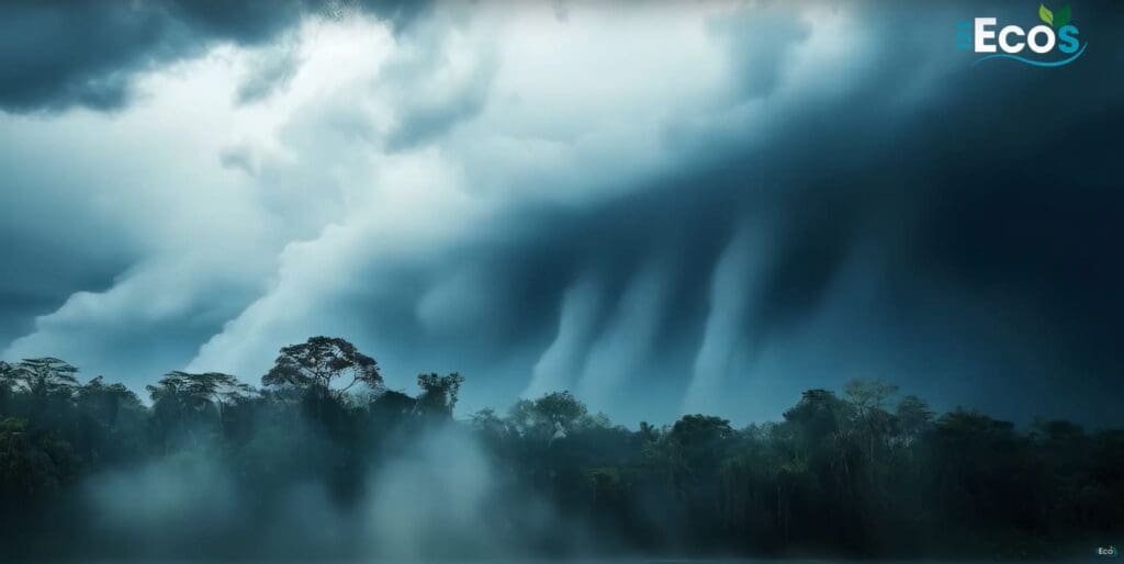 Nuvens carregadas e chuvas intensas sobre a floresta, ilustrando os efeitos da Amazônia e mudanças climáticas no Brasil e no mundo.