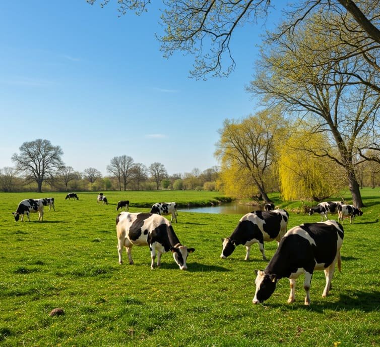 Gado pasta pacificamente em fazenda que usa técnicas da pecuária Biodinâmica