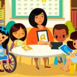 Desenho de uma educação acessível, uma professora sentada com seus em uma sala de aula, alguns alunos têm deficiência física e há diversidade de etnias.