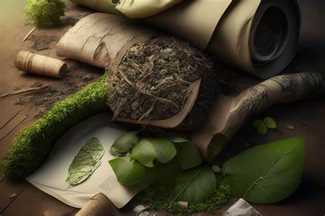 Emaranhado de raízes e fibras secas ao centro, cercado por folhas verdes de diferentes tamanhos e texturas. Há também um pedaço de musgo, todos dispostos sobre uma mesa rústica. Todos representando materiais ecológicos.