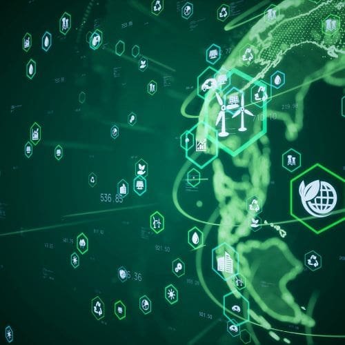 Imagem com fundo verde e uma projeção do planeta também em verde e computadorizada, simbolizando a Análise Técnica dos Estudos Ambientais
