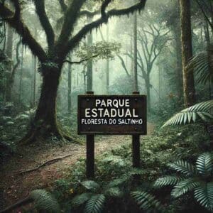 Parque Estadual Floresta do Saltinho, imagem digital com placa em madeira gravada com o nome do parque.