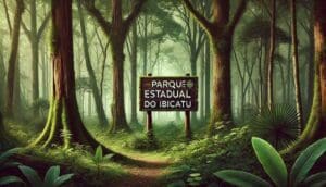 Parque Estadual do Ibicatu, imagem digital de floresta com placa em madeira gravada com o nome do parque.