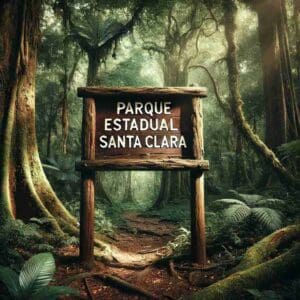 Parque Estadual Santa Clara, imagem digital de placa em madeira gravada com o nome do parque.