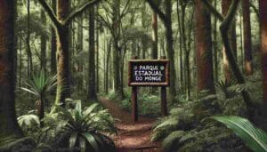 Parque Estadual do Monge, imagem digital placa de madeira gravada com o nome do parque.