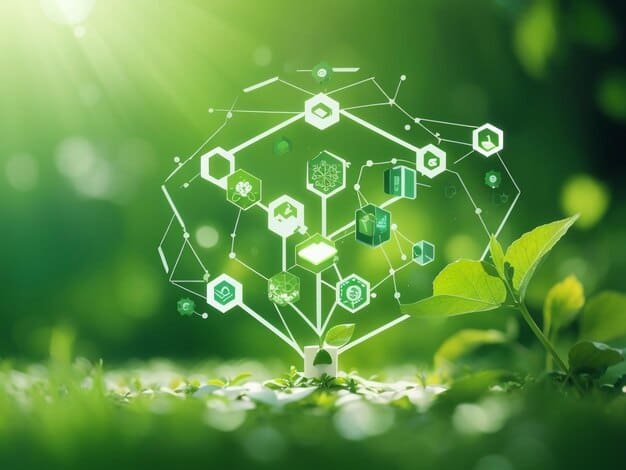 uma estrutura hexagonal no solo de uma floresta com vários ícones de preservação dos recursos naturais.