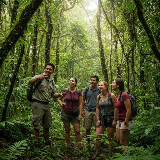 Vários estudantes estão ouvindo a aula sobre ecoturismo de um guia em mata fechada com árvores altas - imagem gerada por IA