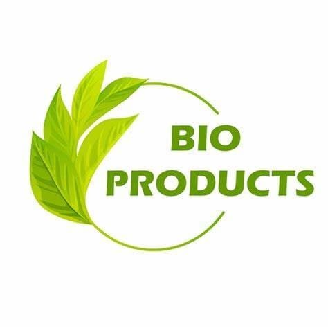 Circulo verde composto por folhas e em seu interior a palavra bioprodutos em inglês.