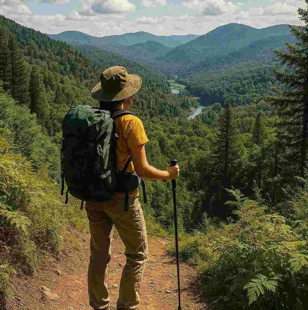 Pessoa fazendo trekking em uma trilha de montanha, cercada por vegetação nativa. O céu está claro e a paisagem reflete práticas de turismo sustentável, com a trilha bem conservada e sem resíduos visíveis