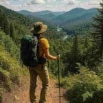 Pessoa fazendo trekking em uma trilha de montanha, cercada por vegetação nativa. O céu está claro e a paisagem reflete práticas de turismo sustentável, com a trilha bem conservada e sem resíduos visíveis