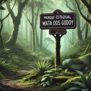 Parque Estadual Mata dos Godoy, imagem digital mostra placa de madeira gravada com o nome do parque.