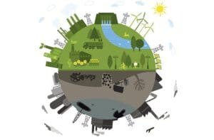 desenho demonstrando a superexploração dos recursos naturais, um globo terrestre com sua parte de baixo toda destruída, sem cor, tomado por urbanização. A parte de cima está toda verde e em equilíbrio.
