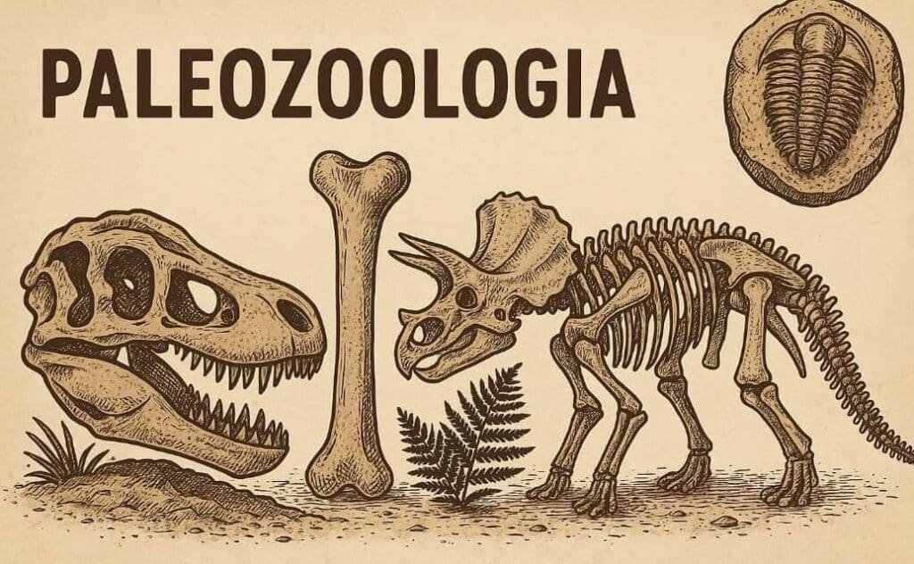 Ilustrações de Paleozoologia contendo fósseis. Dentre eles, um crânio, um esqueleto de dinossauro Triceratops, um fêmur, uma planta e um artrópode trilobita.