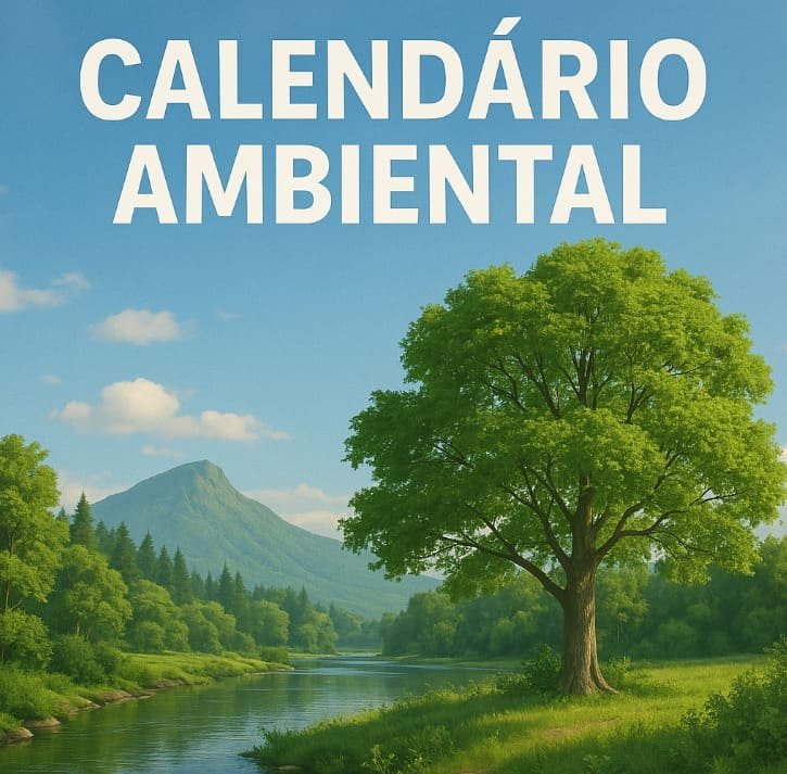 Uma ilustração de uma floresta com um rio, vegetação abundante, montanhas ao fundo e escrito em branco: Calendário ambiental