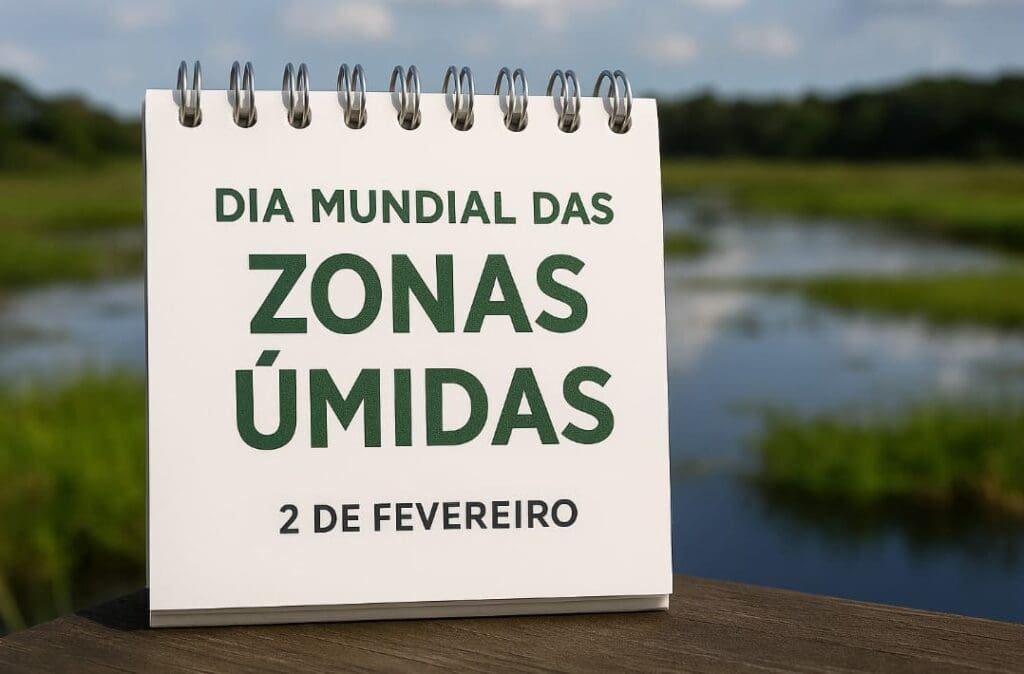 Ao fundo uma fotografia do Pantanal e à frente a ilustração de um calendário escrito: Dia Mundial das Zonas Úmidas, 2 de fevereiro.