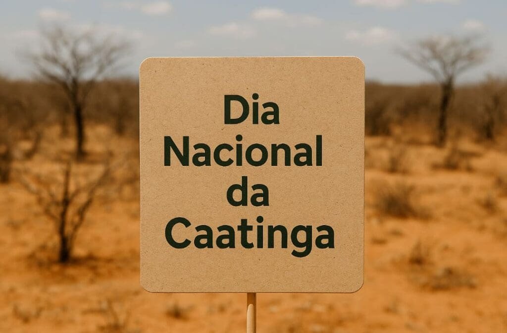 Imagem do bioma Caatinga, com terra pedregosa e árvores secas nele há uma placa escrita: Dia Nacional da Caatinga