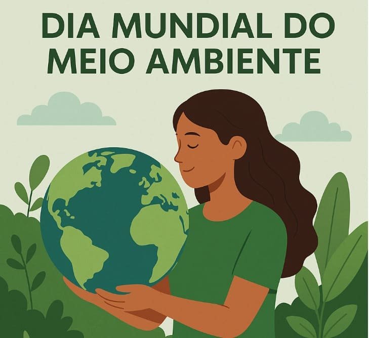 Ilustração de uma mulher em uma floresta segurando o globo terrestre com suas mãos e escrito em verde: Dia mundial do meio ambiente.