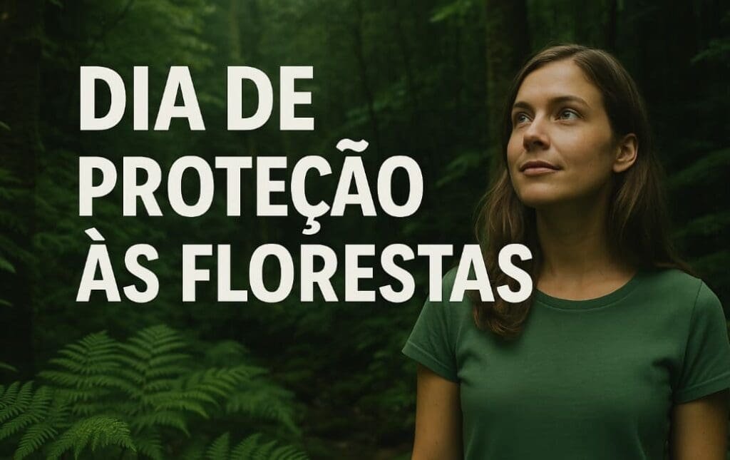 Imagem de uma mulher em uma floresta, ela expressa um olhar de tranquilidade. Além disso, na imagem está escrito em letras brancas: Dia de Proteção às Florestas.