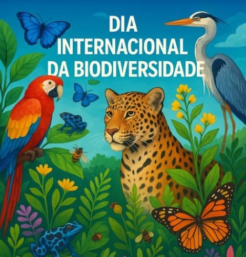 Ilustração de uma mata e vários animais: onça-pintada, arara, garça e borboleta. Além disso, está escrito em letras brancas: Dia Internacional da Biodiversidade
