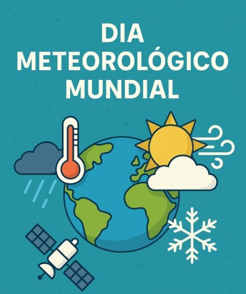 Ilustração do globo terrestre e ao seu redor satélite, termômetro, nuvens carregadas, chuva e neve. Além disso, escrito em letras brancas: Dia Meteorológico Mundial.