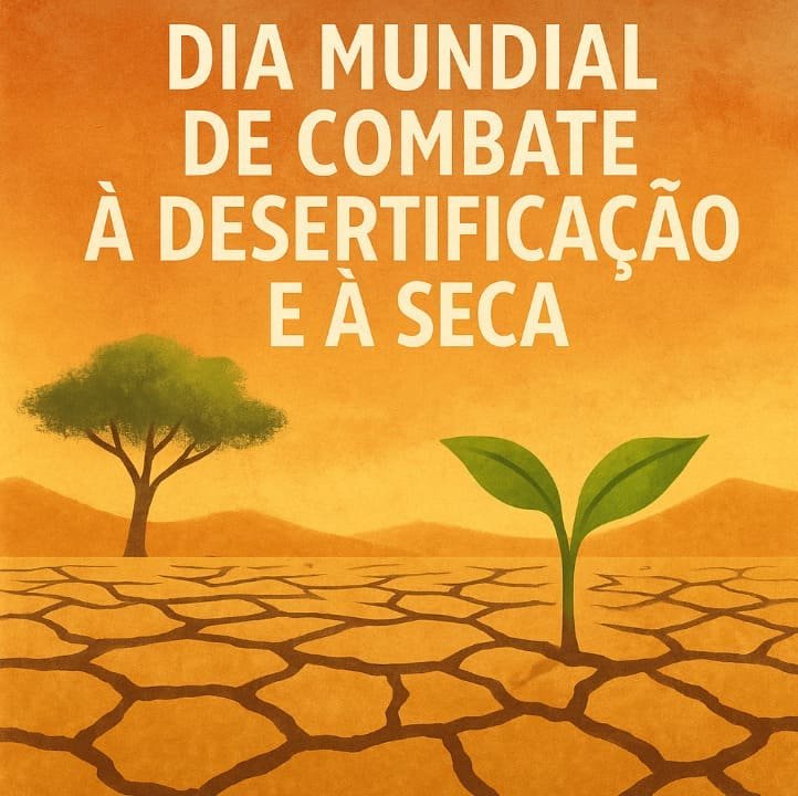 Ilustração de um solo totalmente sem vida e com rachadura, além de poucas plantas, Está escrito ma imagem: Dia Mundial de Combate à Desertificação e à Seca.