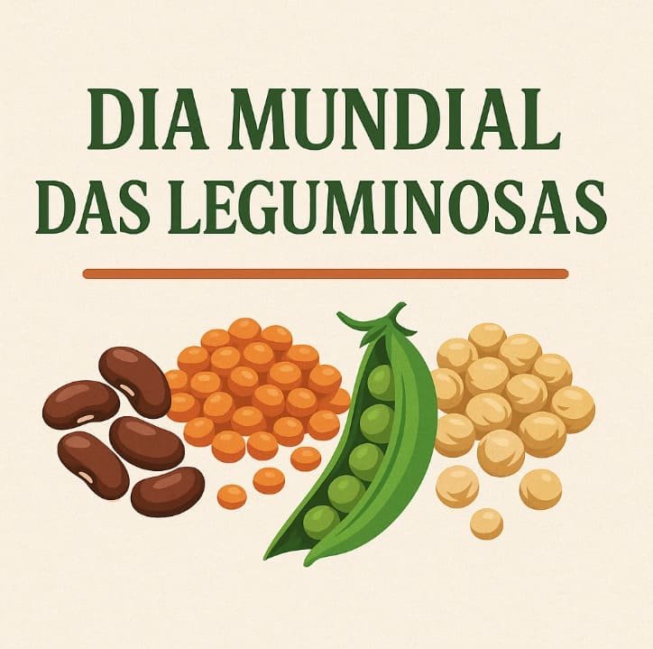 Ilustração de leguminosas: feijão, vagem, soja e grão de bico, além disso, escrito em letras verdes: Dia Mundial das Leguminosas