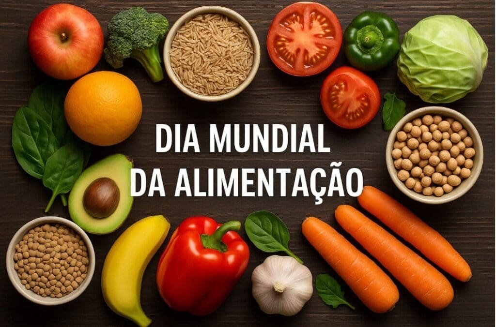 Uma mesa com vários legumes, frutas e grãos, tais como cenoura, pimentão, abacate, tomate, banana e lentilha. E escrito em letras brancas: Dia Mundial da Alimentação.