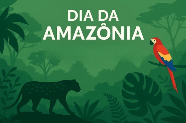 Ilustração escrito "Dia da Amazônia" em uma floresta densa com sombra de várias espécies de plantas, uma onça e arara.