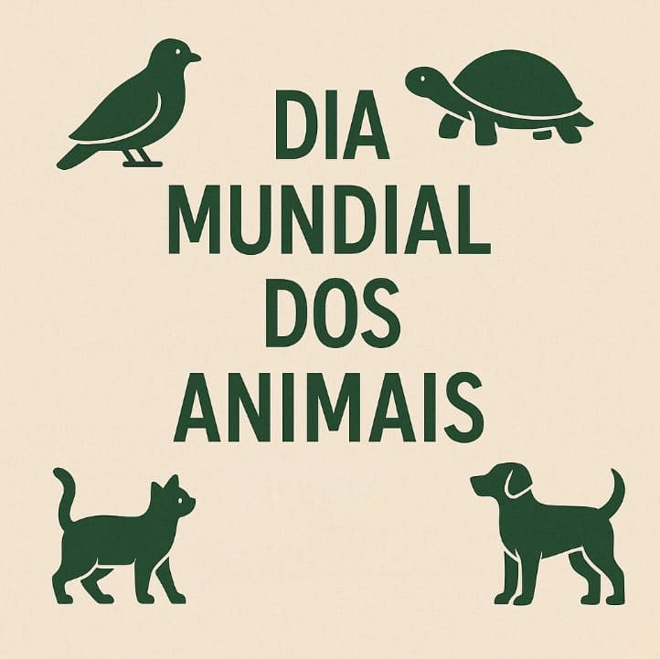 Ilustração de alguns animais: pássaro, jabuti, gato e cachorro e escrito em letras verdes: Dia Mundial dos Animais