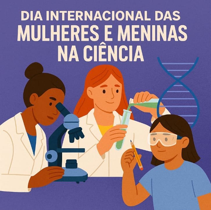 Ilustração de mulheres cientistas: uma no microscópio, outra fazendo um experimento com tubos de ensaio e uma com o lápis na mão e escrito em branco: Dia Internacional das Mulheres e Meninas na Ciência.
