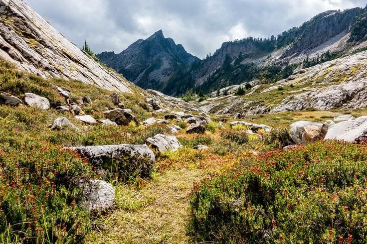 Uma bela paisagem mostrando ecossistemas de montanhas. Grandes montanhas ao fundo e diversas formações rochosas no solo, junto à vegetação rasteira.