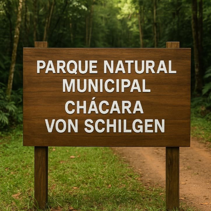 Placa com a descrição Parque Natural Municipal Chácara Von Schilgen que está em uma trilha que leva para dentro da mata