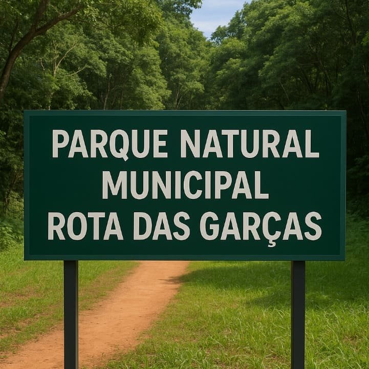 Placa com a escrita Parque Natural Municipal Rota das Garças na entrada do parque com trilha que leva para dentro da mata