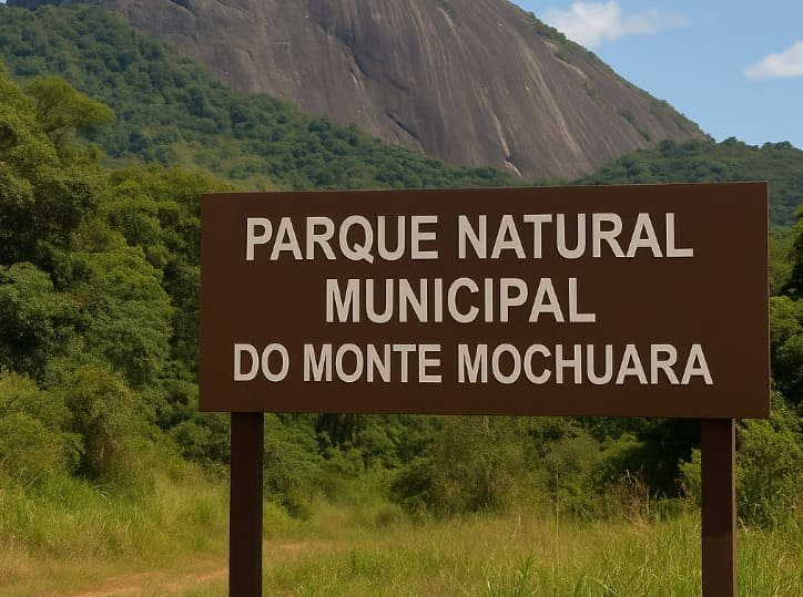 Placa dizendo Parque Natural Municipal do Monte Mochuara mostrando no fundo uma imagem do parque com uma grande parede de pedra
